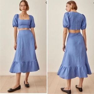 Reformation | Yucca Linen Two Piece Set Skirt Top Shirt Set Dusk Blue 4 New